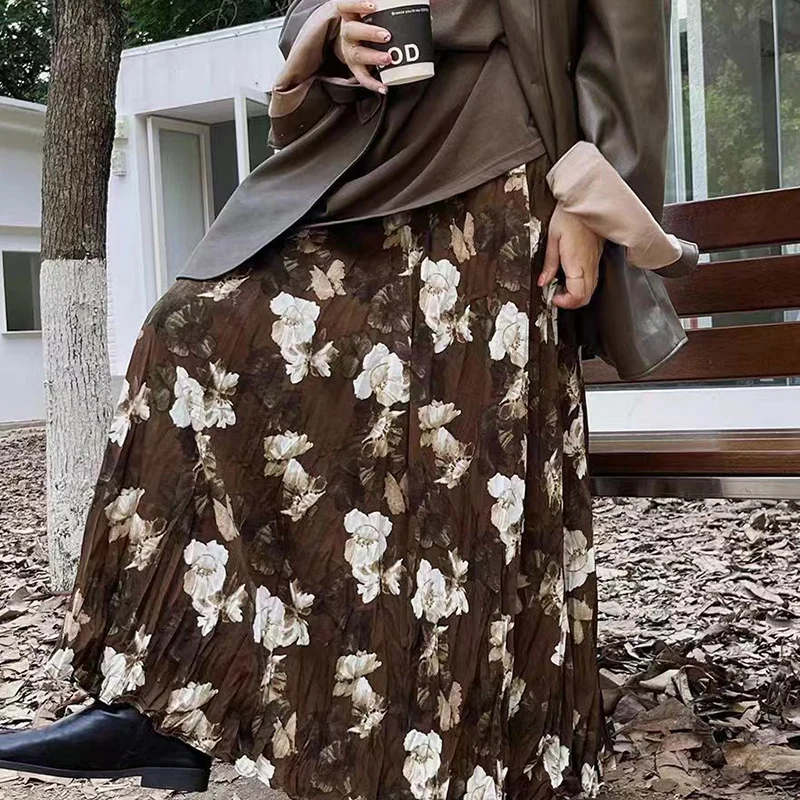 Autumn Maternity Long Floral Skirt High Waist Fashion Printing Pregnant Woman Chiffon A-line Belly Skirt Pregnancy Pleated
