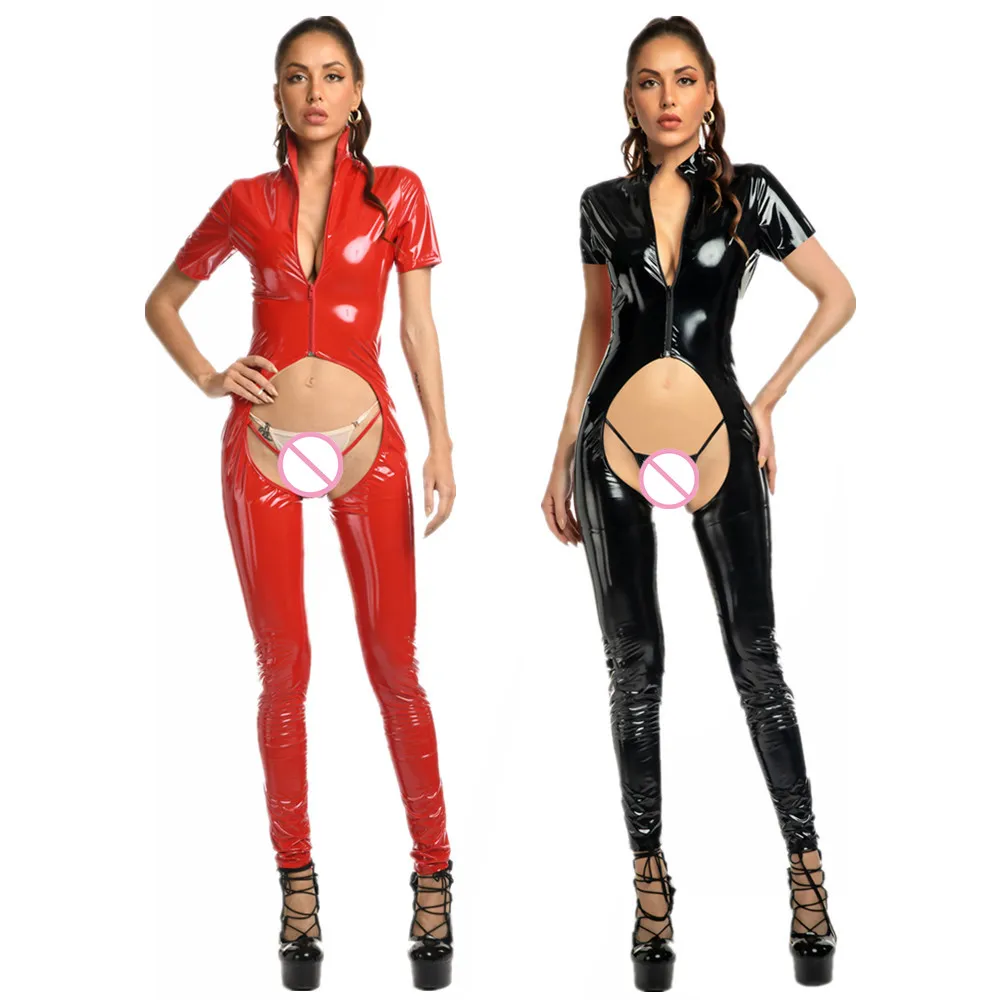 

Women Sexy Wetlook Leather Jumpsuit Female Erotic Porn Below Open Crotch Bodysuit Glossy Shaping Latex Crotchless Catsuit