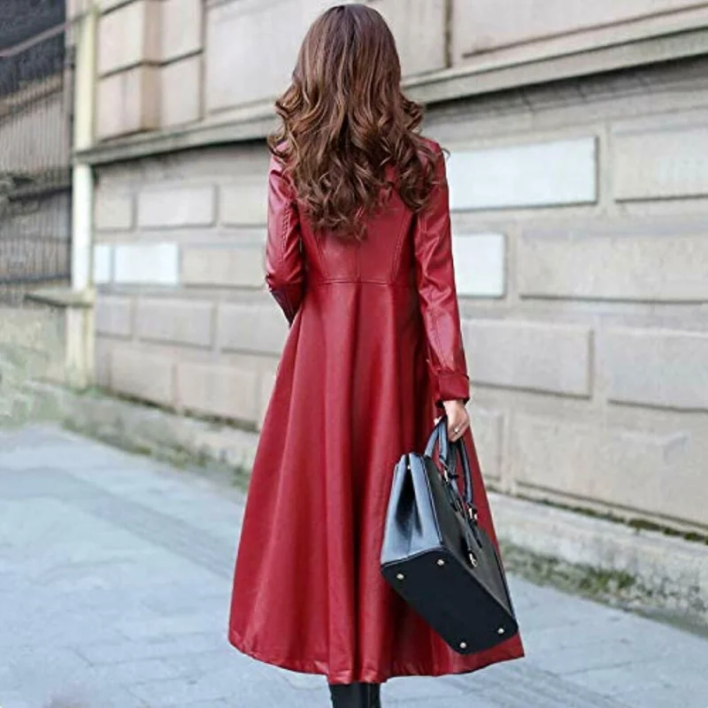 Women Real Genuine Sheepskin Leather Long Overcoat Red Party Style Trench Coat