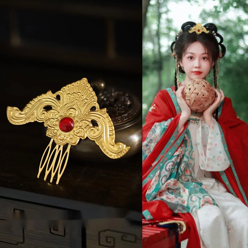 Coiffe dorée Hanfu de style ancien, fée volante de Dunhuang, ornements de cheveux pour femmes riches, couronne de cheveux à franges de palais_voghion.com