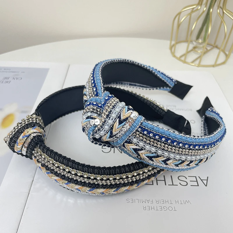 Boho Strass Kunst perle gestrickt Stirnband glänzende Pailletten Kopf Reifen elegante Haarschmuck für Frauen Mädchen breites Band – Detail 6