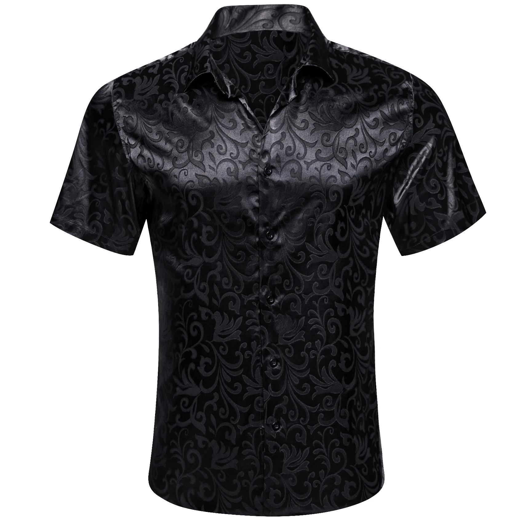 

Elegant Shirts for Men Summer Short Sleeve Silk Satin Black Flower Slim Fit Male Blouses Lapel Tops Clothes Barry Wang