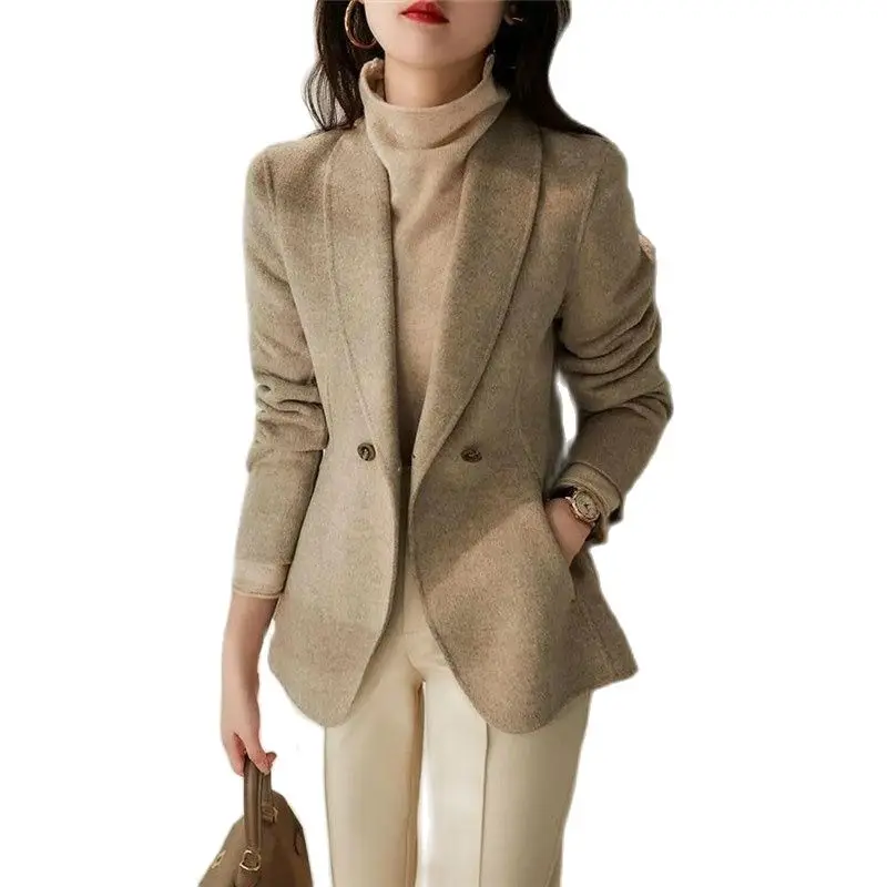 

Модное шикарное Женское шерстяное пальто, новинка 2024, осенне-зимняя куртка, корейский облегающий элегантный шерстяной костюм, куртка, верхняя одежда, деловая одежда