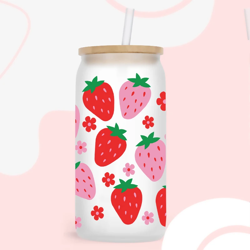UV DTF 90's baby beach strawberry cactus cherry prints full wraps for 16 Oz Libbey glass can sublimation DIY waterproof D2574 glass can wrap