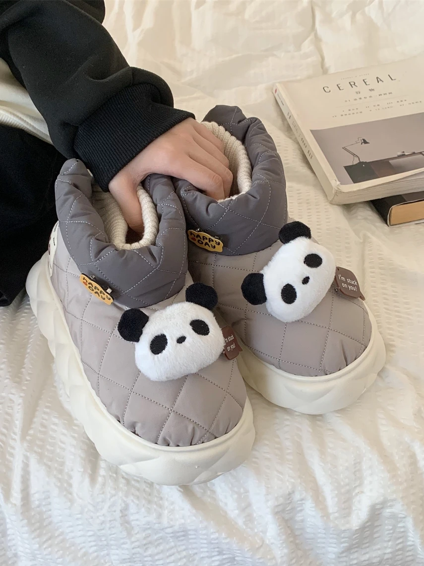 Cute Panda Couple Snow Boots 2023 Winter Thick Versatile For Men Women Indoor Household Boots Shoes Waterproof Cotton Slippers