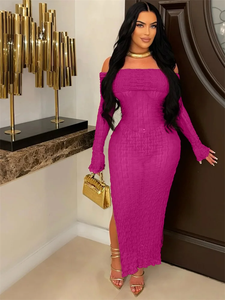 Wmstar Women Dress Summer Sexy Perspective Slim Fashion Nightclub Style Slash Neck Long Sleeve Perspective Knitted Slit Dresses