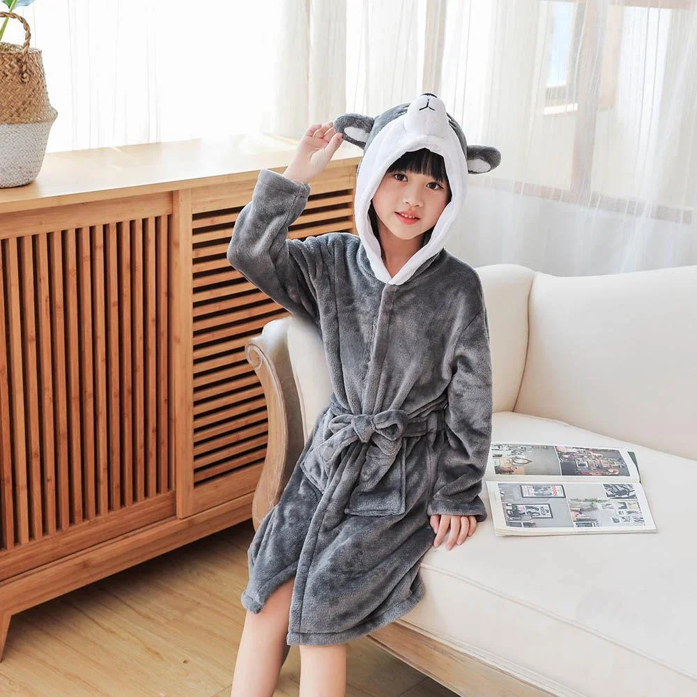 Winter Wolf Children's Bathrobe Clothing for Girls Kids Pajamas Unicorn Kigurumi Hooded Bath Robe Flannel Warm Bath Towels