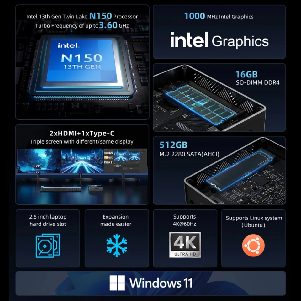 BMAX B4 Turbo Mini PC Intel N150 16GB 512GB SSD Windows 11 PC Mini