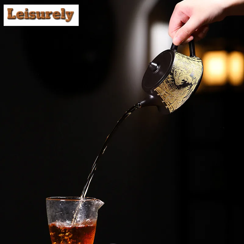 280ml Antique Yixing Purple Clay Teapots Handmade Gold Drawing Pot Raw Ore Dahongpao Reducing Roasting Mud Kettle Zisha Tea Set