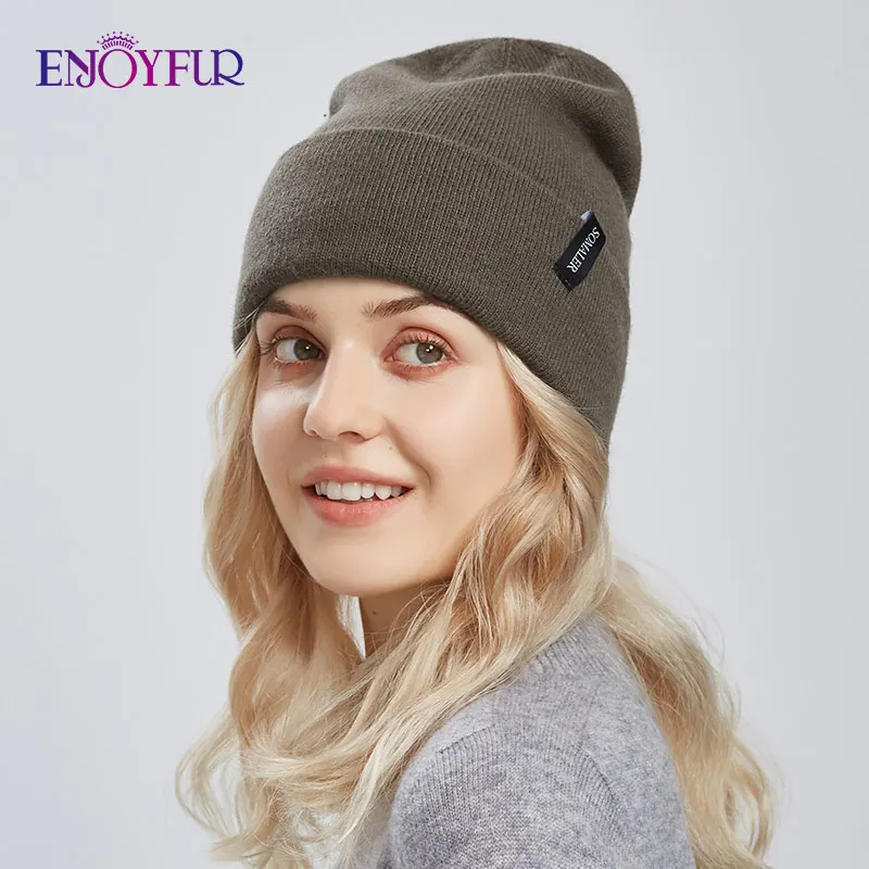 ENJOYFUR Women Winter Hats Cashmere Wool Knit Beanie Hat Soft Warm Double Layer Unisex Cuffed Slouchy Beanie Ski Cap 3