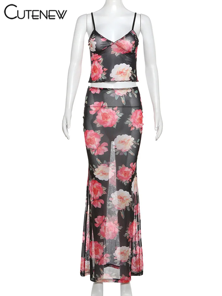 Women's Patchwork Two Piece Set Lace-up Sleeveless Halter Cropped Vest Top+Slim Long Skirt Female Beach Holiday Outfit