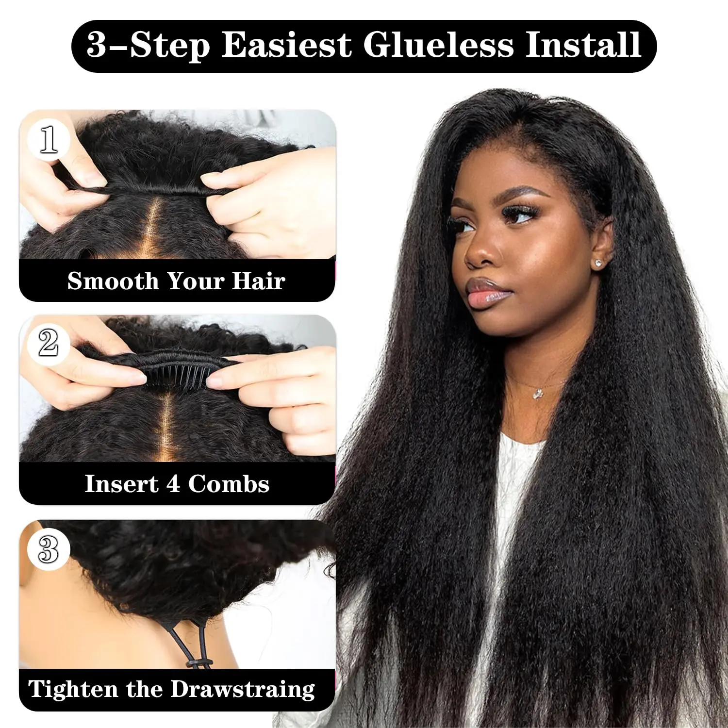 Kinky Straight Headband Wigs Human Hair Pull & Go Half Wigs Human Hair Yaki Straight Headband Glueless Wigs Human Ha