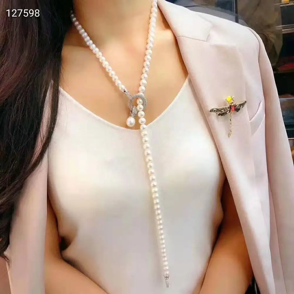 Women's jewelry 8-9mm 75cm micro inlaid zircon round accessories white freshwater pearl necklace