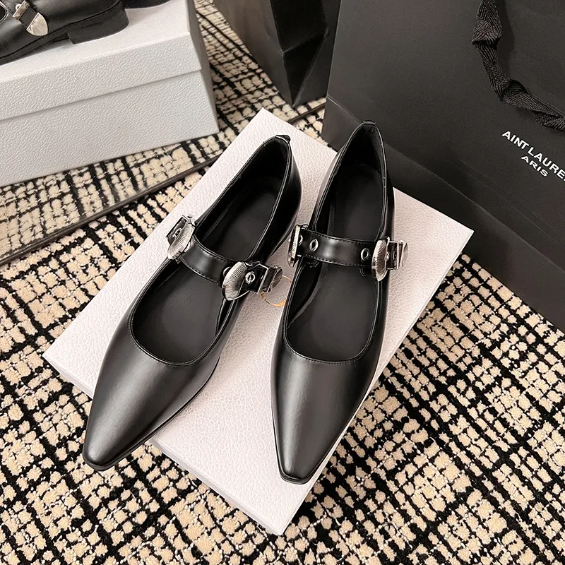 

MKKHOU Fashion Women's Shoes New High Quality Genuine Leather Pointed Head with Buckle Low Heel Mary Janes Cool Girl