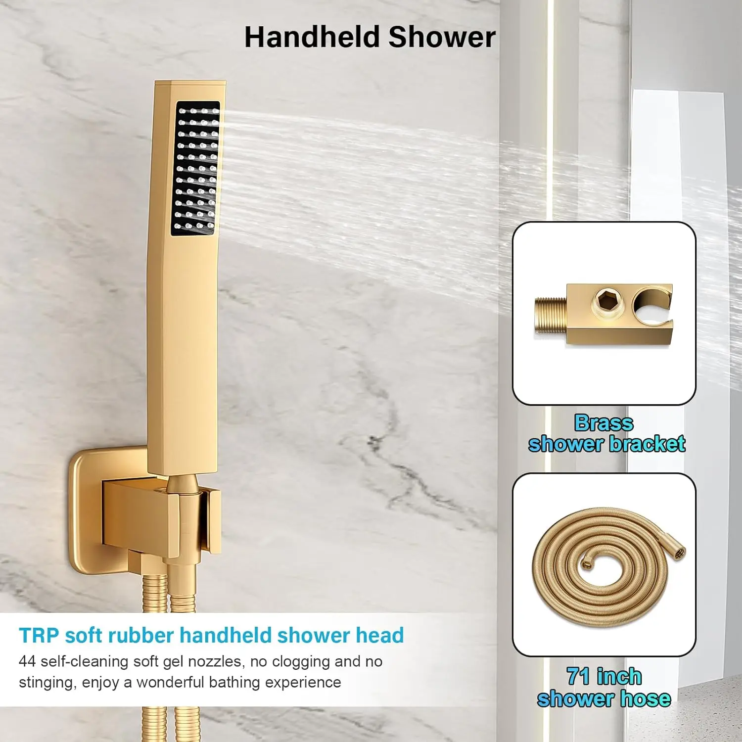 Gold Faucet Set Rainfall Shower System with Rain Shower Head and Handle Set Wall Mounted Fixtures Trim Repair Kit