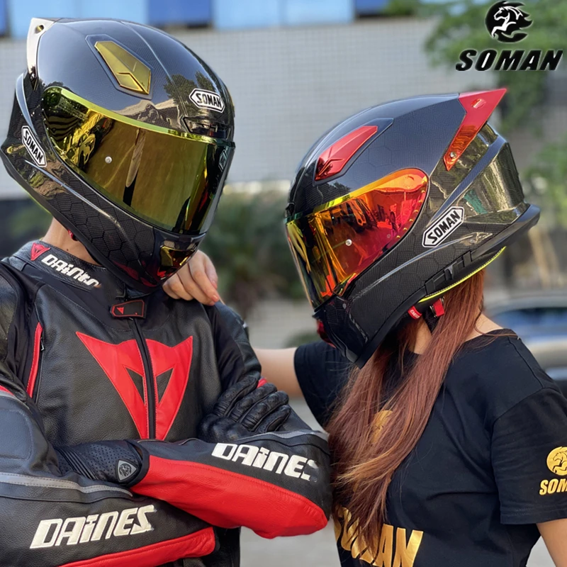 

SOMAN Black Capacetes Para Moto Carbon Fiber Full Face Helmet DOT ECE Street Road Racing Moto Helmets Urban Cool Sun Visor Casco