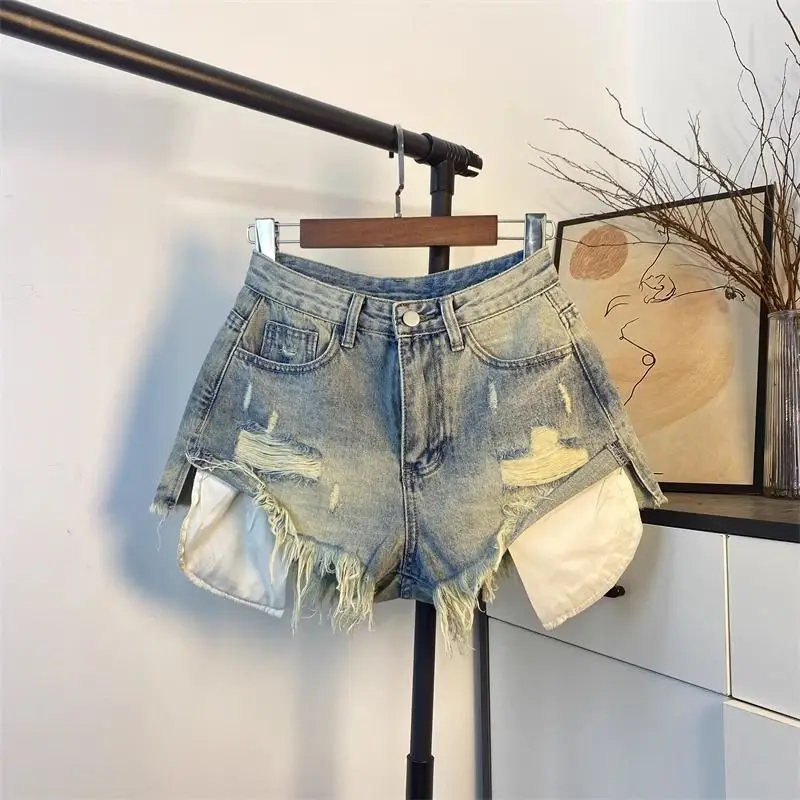 

Ripped Burr Edge Retro Pocket High Waisted Denim Shorts New Summer Design A-line Booty Shorts Jeans