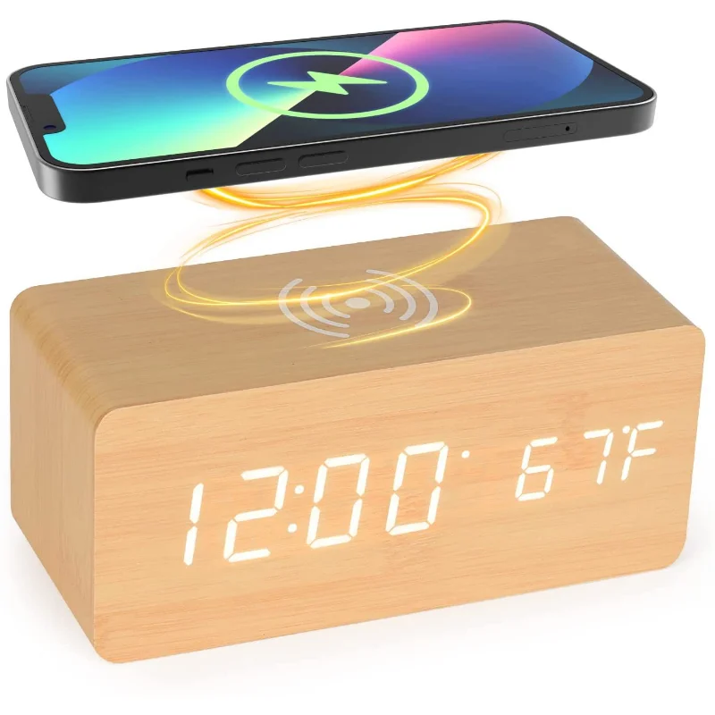 

Smart LED Wooden Digital Alarm Clock with Wireless Charger Temperature Display Bedside Clock Room Decoration Clock