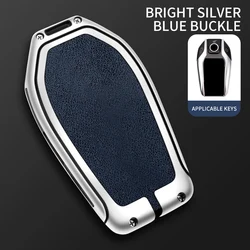 Premium Metal & Leather Car Key Case with LED Display - Elegant Smart Key Accessory (Silver-Blue)