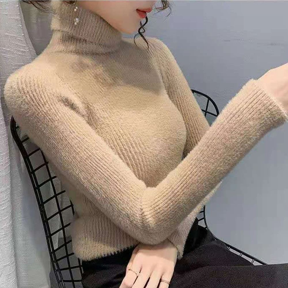 New Autumn Winter Women Sweater Turtleneck Green Knitted Pullover Fashion Keep Warm Tops Basic Slim Stretch Soft S-2XL T Shirt