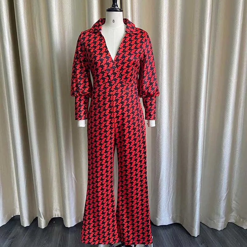 2022 Polyester Full Sleeve Rompers Women New Ladies Dashiki Print Plaid Lapel Trousers Fashion Elastic Overalls African Jumpsuit african culture clothing