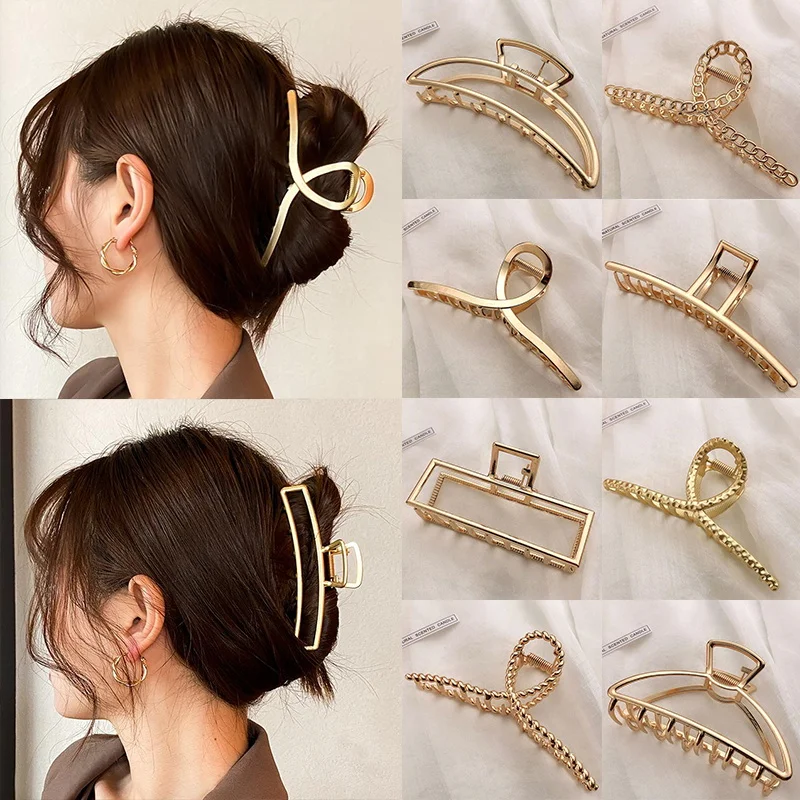 2022NewWomenFashionMetalGeometricHairClipsClawClipLargeGold