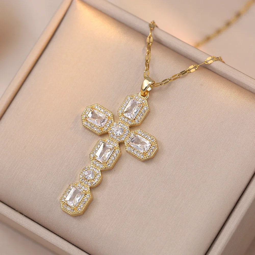 Luxusní velký kříž přívěsek klíční kost náhrdelníky pro ženy stříbro zlato barva hranatý růžová bělouš zirkon tlumič valentýn šperků dárky