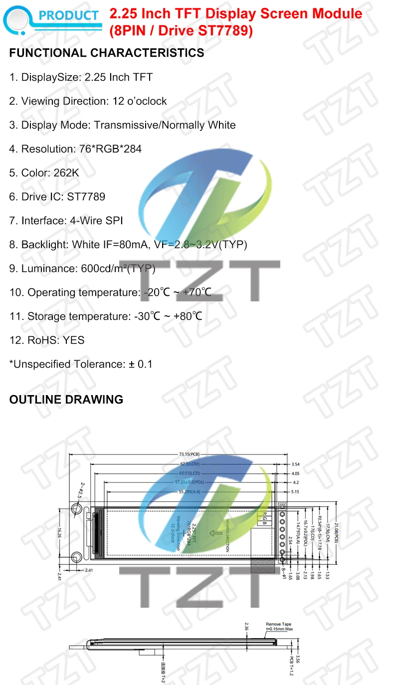 1/2/5PCS TZT 2,25 Zoll TFT LCD ST7789 kleiner Bildschirm 76*284 Modul LCD Vollbild-SPI-Farbbildschirm – Detail 1
