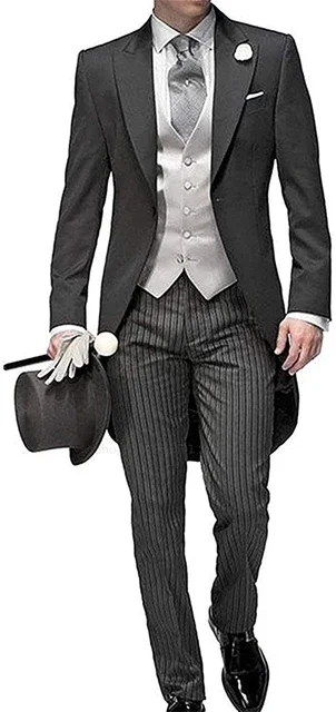 2PCS Men's Tailcoat Tuxedo Peaked Lapel One Button Formal Slim Fit Suit Dinner Jacket Swallow-Tailed Coat Wedding Prom Suit