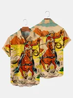 Hawaiian Cowboy Men's Shirt Cool 3D Digital Print Plus Size Western America Men's Top With Pocket Vintage Style Summer Outerwear 2
