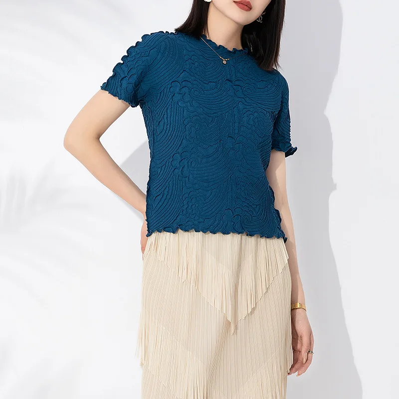 

Pleated short sleeve T-shirt women 2023 summer new round collar casual top
