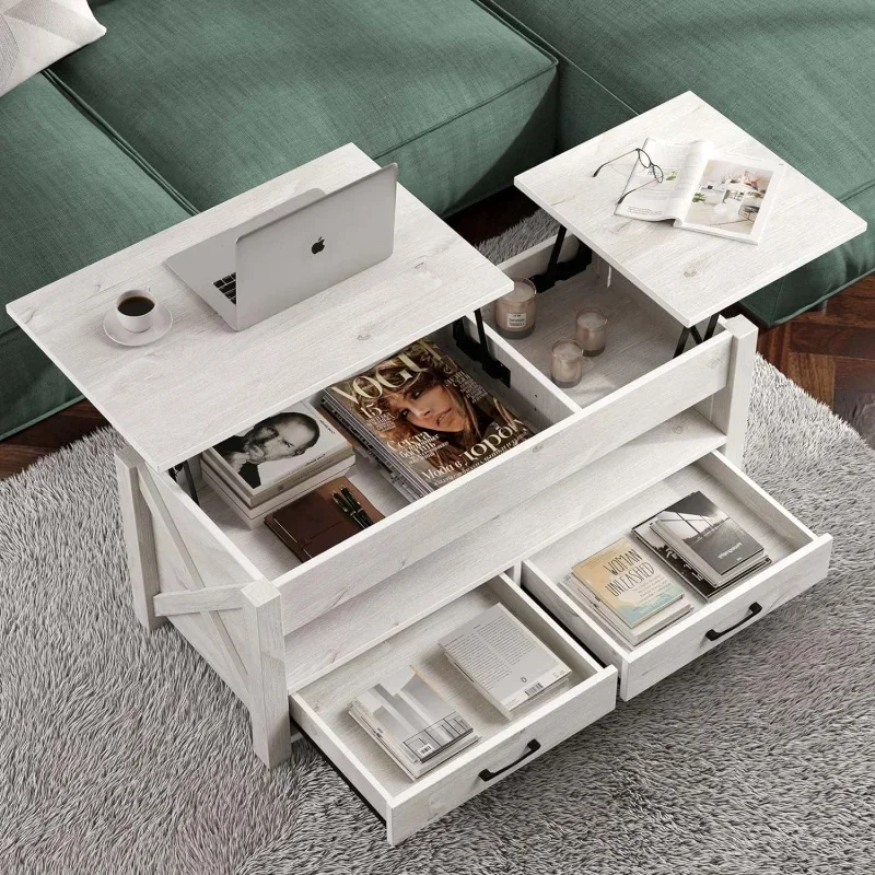 47.2" Lift Top Coffee Table with 2 Storage Drawers and Hidden Compartment Seventable Coffee Table ,Retro Center Table 2