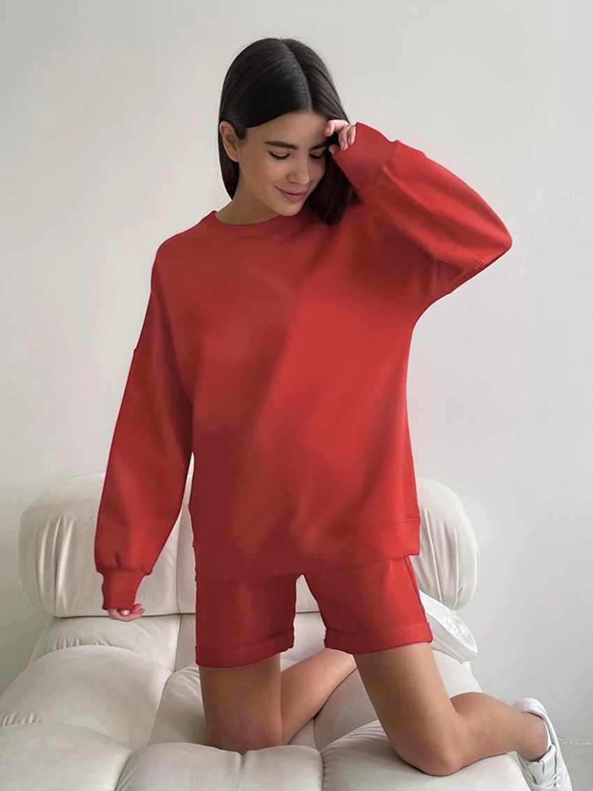 Marthaqiqi Home Clothes For Women O-Neck Sleepwear Long Sleeve Nightgowns Drawstring Shorts Casual Female Nightwear 2 Piece Set