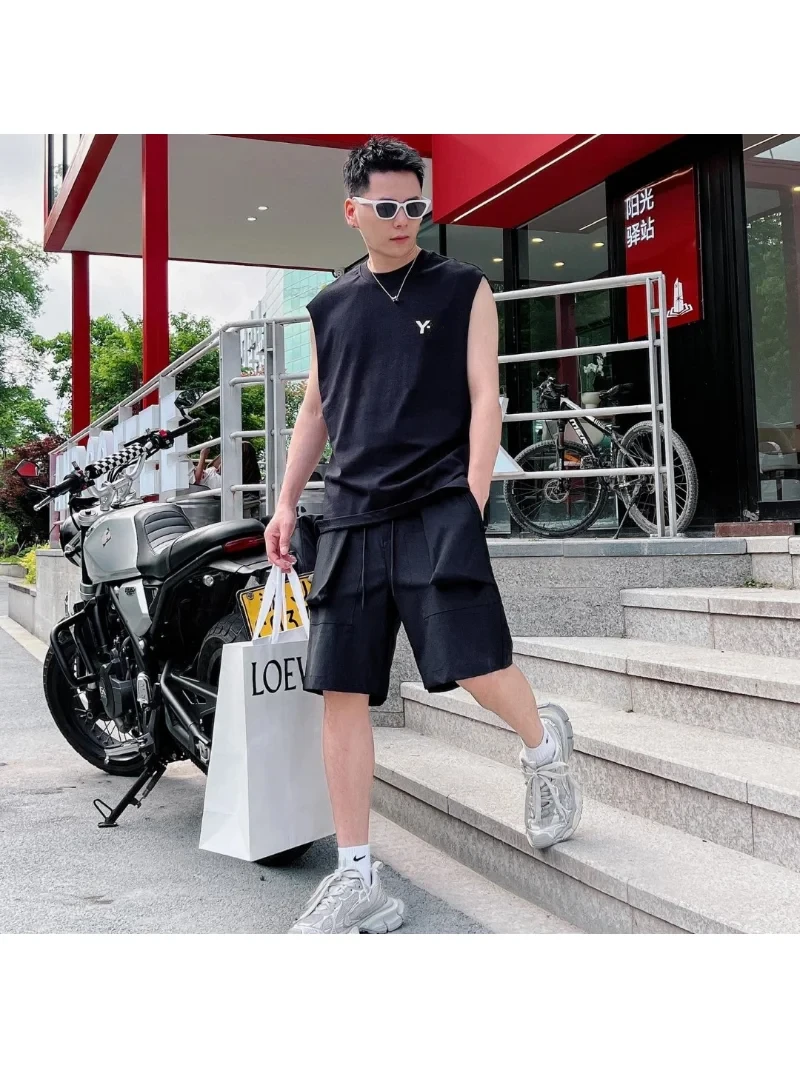 

New men's and women's cotton summer vest small neckline solid color loose fit sleeveless T-shirt 230g breathable undershirt