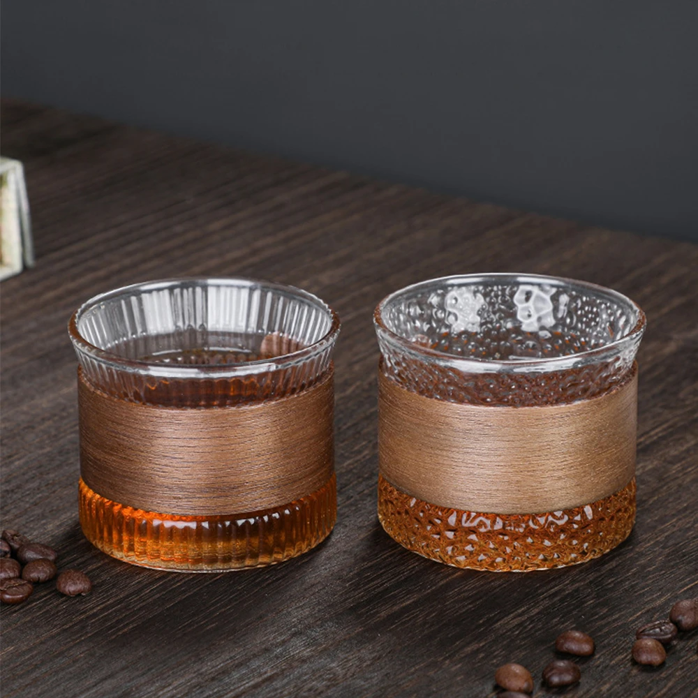 Glass Coffee Cup Solid Wood Insulation Sleeve Hammer Vertical Grain