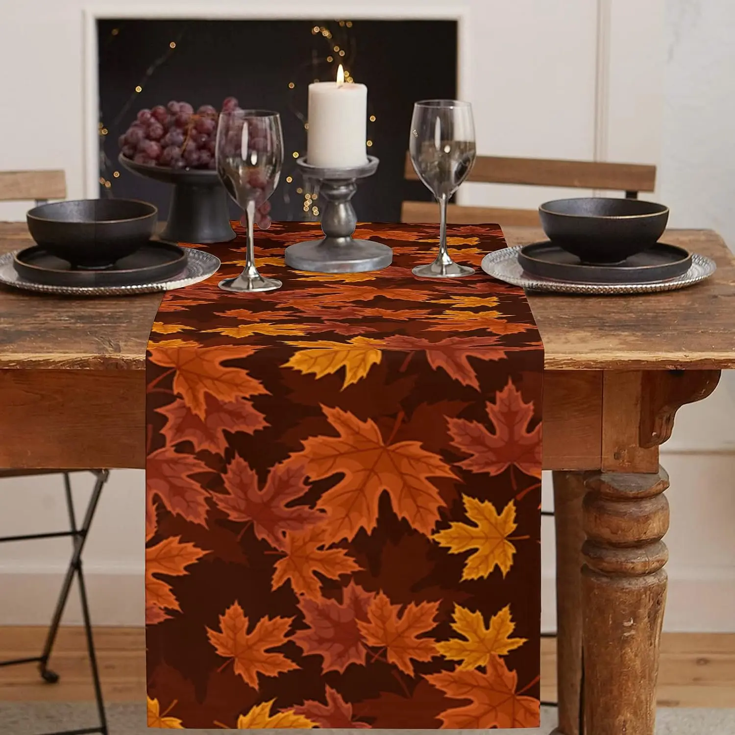 Fall Thanksgiving Maple Leaf Linen Table Runner Dresser Scarves Farmhouse Kitchen Dining Table Runners Wedding Party Decorations 2