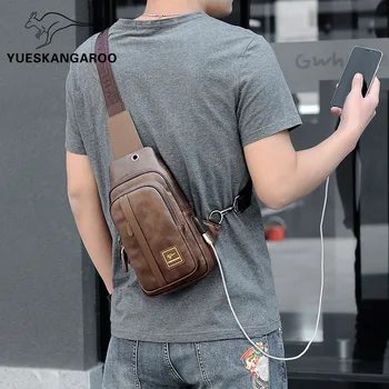 Borsa da petto portatile per uomo Portafoglio moda Zaino in pelle PU Piccolo marsupio con ricarica USB Borsa laterale necessaire a spalla incrociata