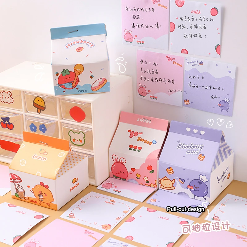 230 sheets Kawaii Milk Carton Notepad Note book Sticky Notes Removable Boxed Sticky Note Paper Message Paper Office Memo Sticker