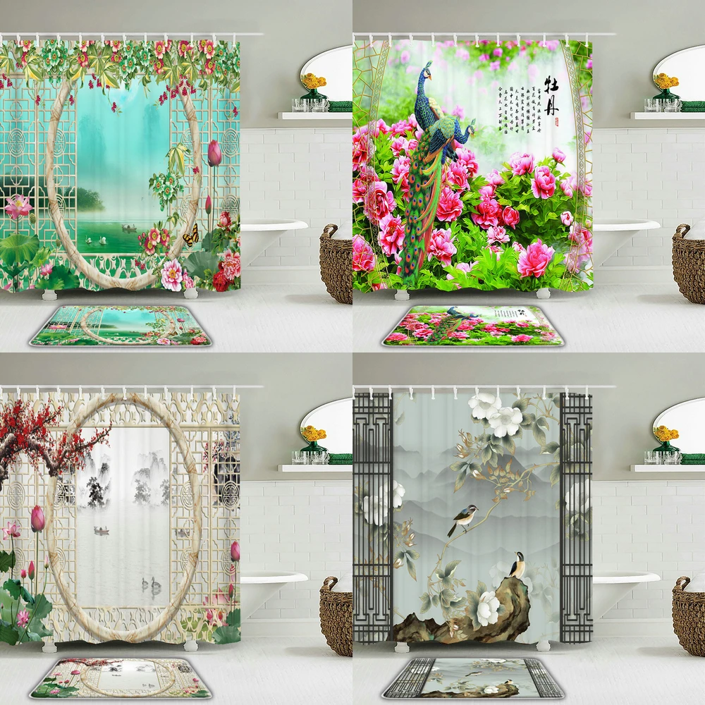

Chinese style flowers and birds Shower Curtain Set And Rug Waterproof Fabric Bathroom Curtain For Toilet Bath Non-slip Mat