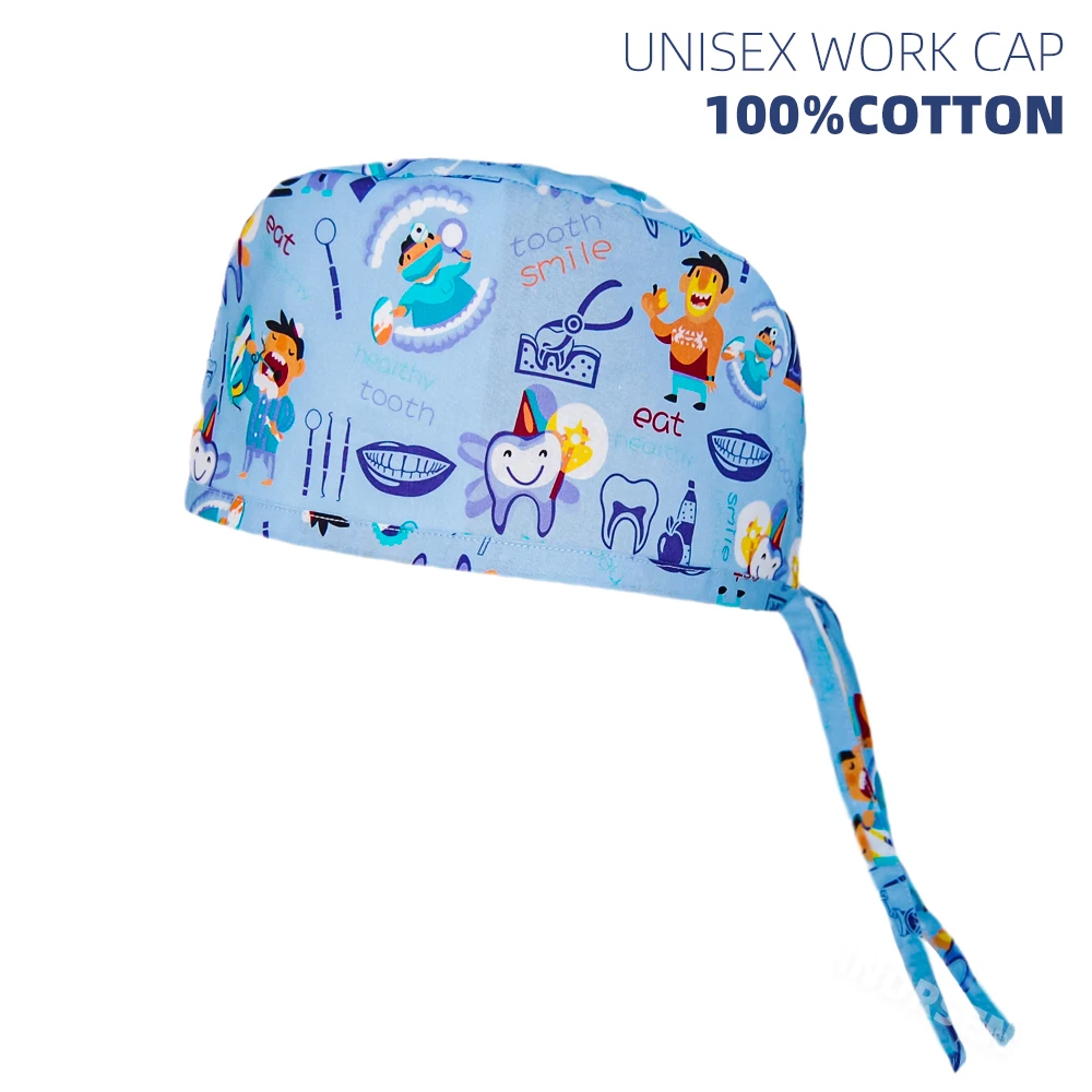 women Scrub cap for nurse working teeth printed nurse hat men surgery hats dental clinic pure