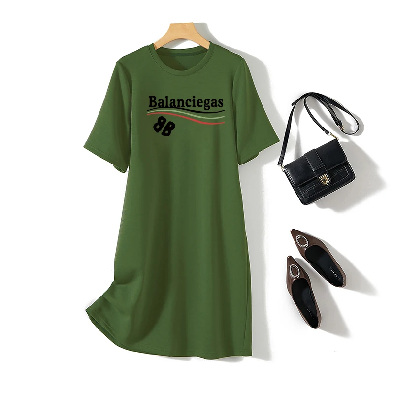 Women Clothing Short Sleeve Dresses Summer Basic O-neck Cotton Letter Printed Tunic Casual Loose Comfortable Straight Dresses 4