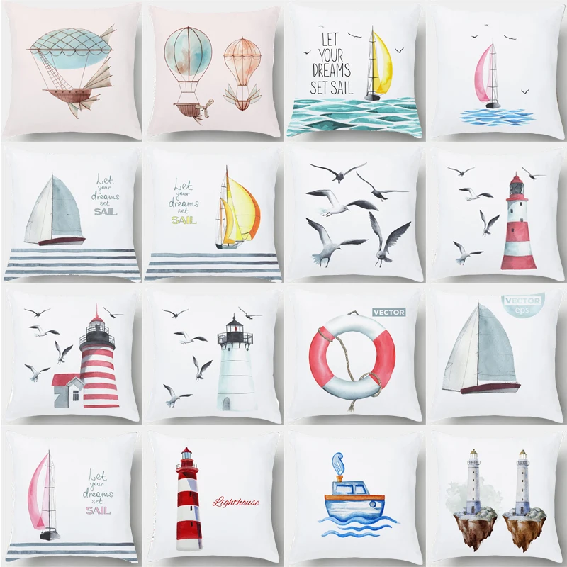 

45x45cm European Cartoon Sailboat Hot Air Balloon Lighthouse Cushion Cover Short Plush Pillowcase Sofa Home Decoration