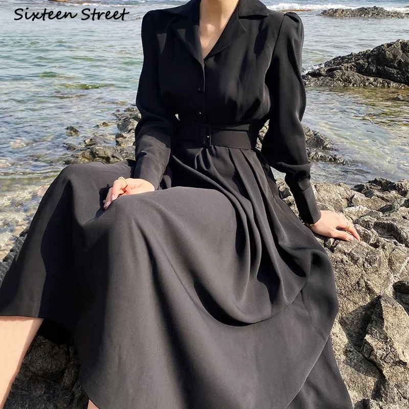 

Elegant Black Long Dress Woman Single Breasted Autumn Winter Notched Collar Party Dresses Vestido High Waist Business Maxi Dress