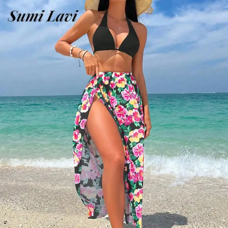 

2023 New Swimwear 3 Pieces Set Women Sexy Halter Lace-up Bikini Set With Cover Up Fashion Floral Printed Beachwear Bathing Suit