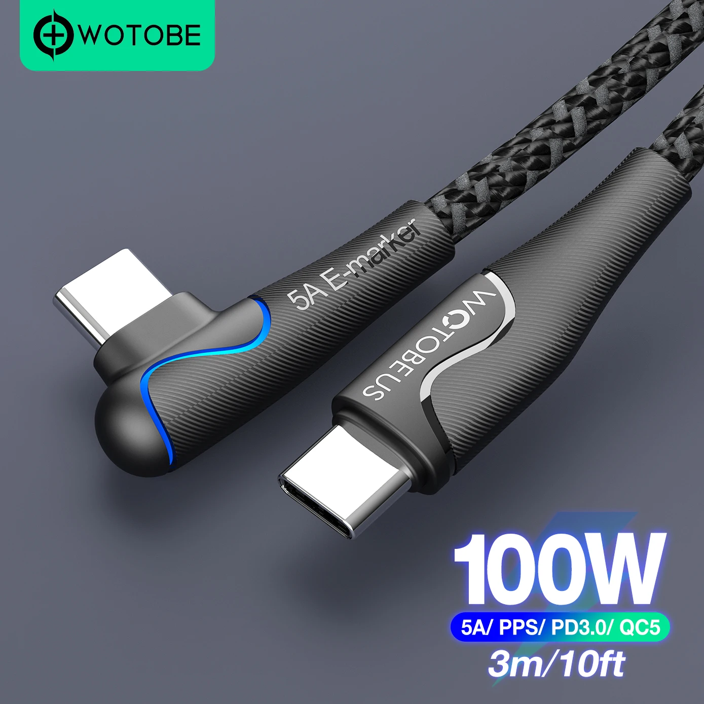 Enhanced Title: Premium 10ft USB C to USB C Cable with LED 7-Color Display and 90° Elbow Design, 100W Power Delivery, Nylon Braided Cord