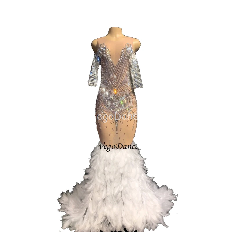 

Sparkly Rhinestones Feather Nude Mesh Dress Sexy Nightclub Full Stones Long Big Tail Costume Prom Birthday Dresses