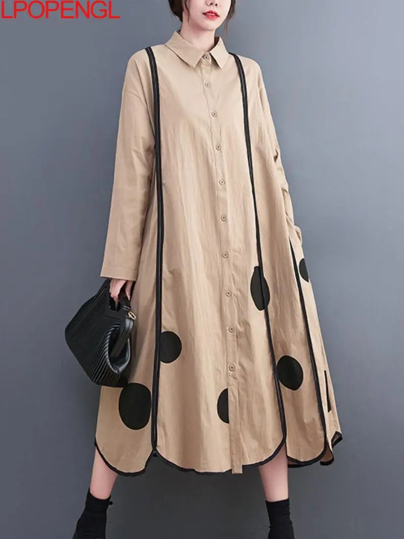 

Fashion 2022 Woman Autumn Asymmetrical Mid-calf Dress Korean New Loose Print Dots Mid-length Literary Retro Loose Waist Dress