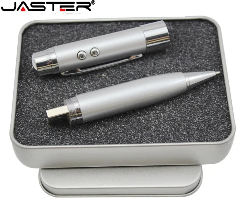 

JASTER Laser Pen USB 2.0 Flash Drive 128GB Free Custom Logo Pen Drive 64GB with Iron Box Creative Gift Memory Stick 32GB 16GB