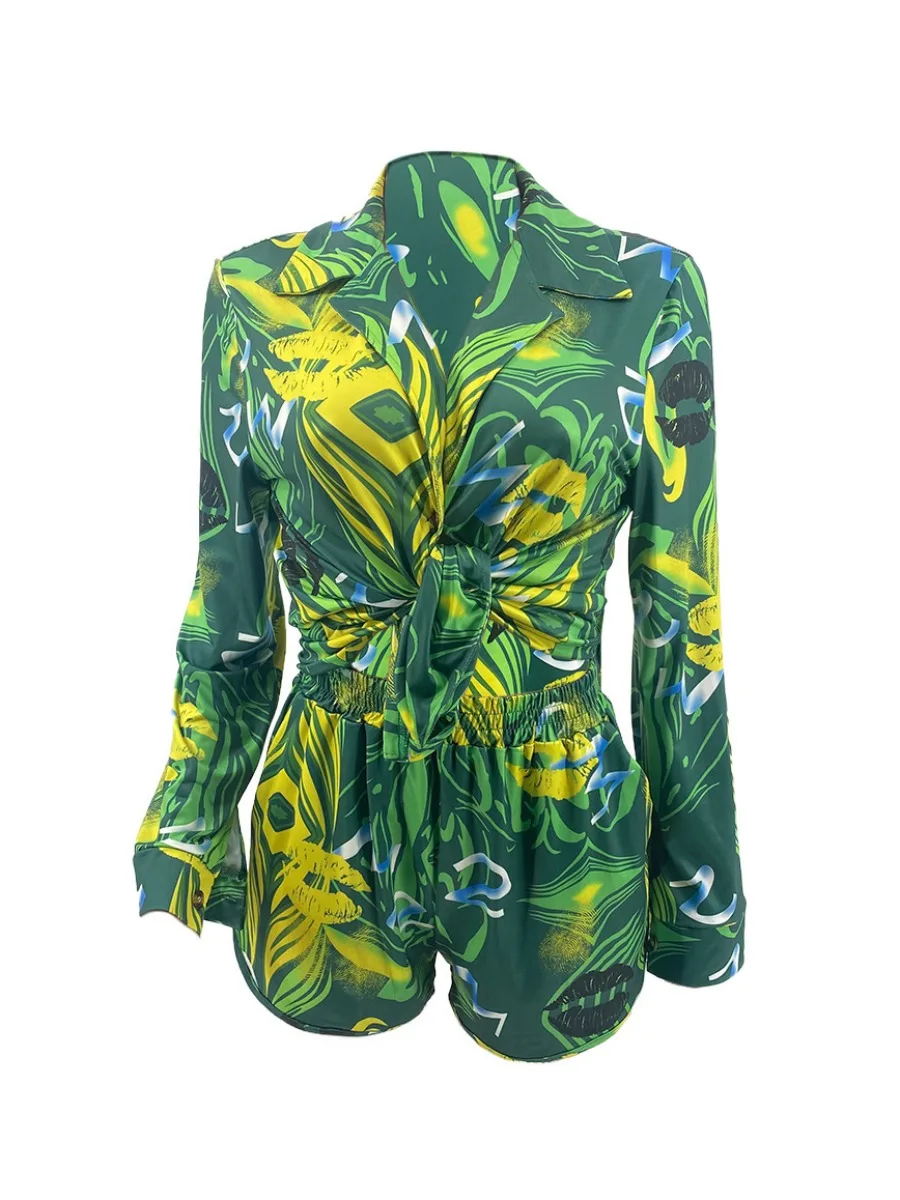 LW 턴다운 칼라 식물 립 프린트 반바지 세트, 여성용 티셔츠 반바지 세트 세트, 부드러운 여름 반바지 세트, 여성 의류