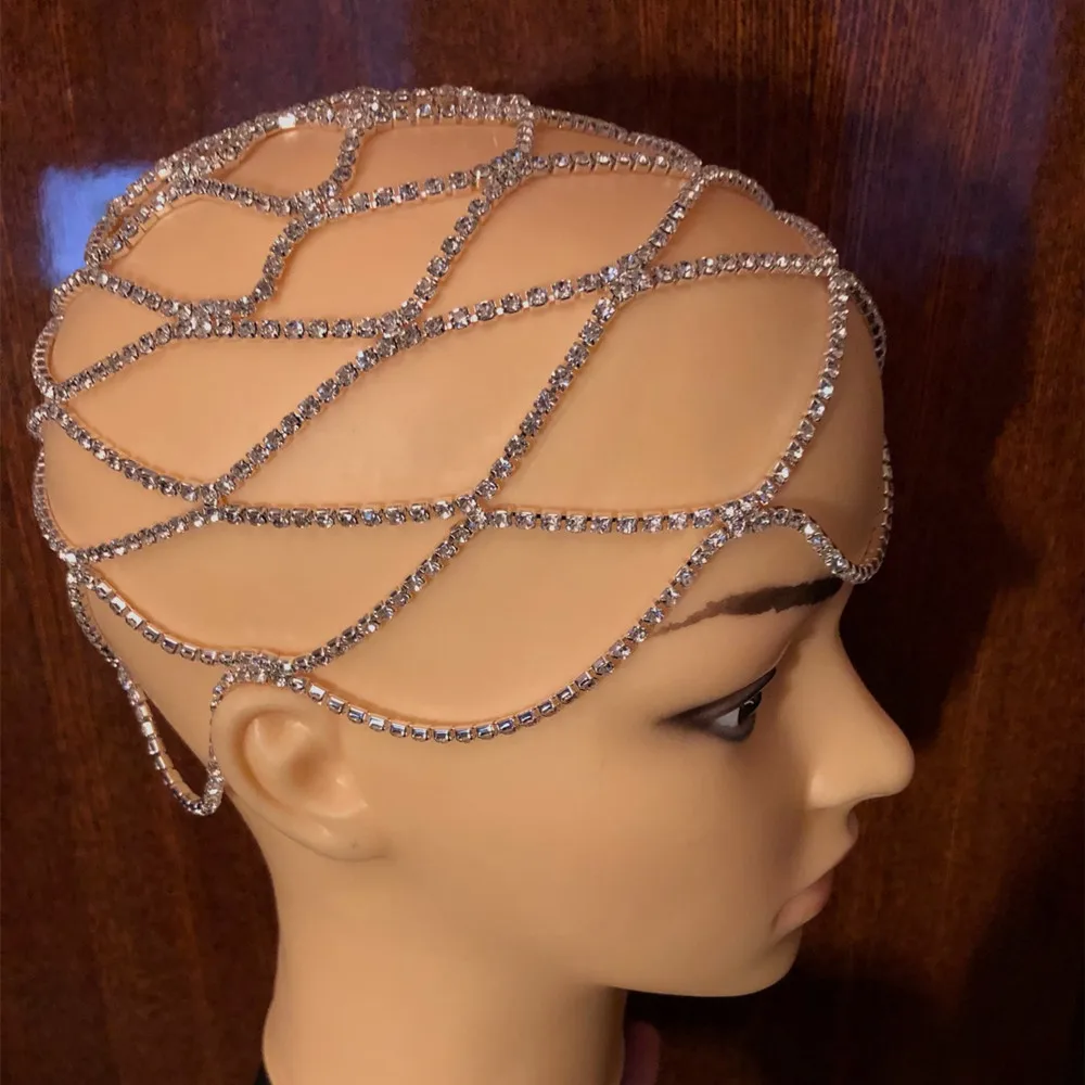 Shiny Rhinestone Multi-layers Cover Head Cap Hat Head Chain Wedding Jewelry for Women Crystal Mesh Headband Headpiece Headwear